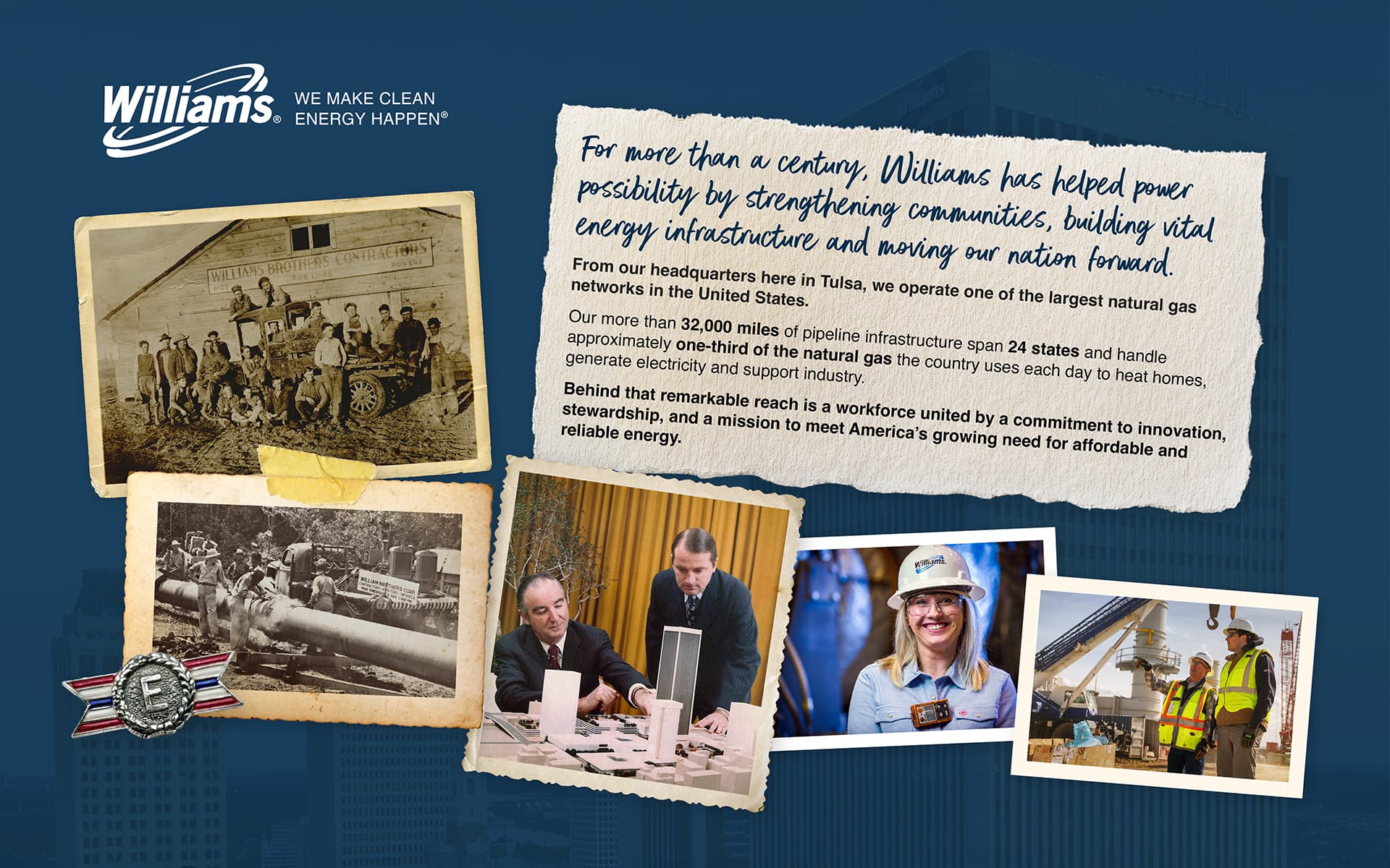Williams collage: historic photos of Williams Brothers pipeline crews, the company's Tulsa headquarters, and employees in the field today, with a note on more than a century of powering communities from Tulsa.