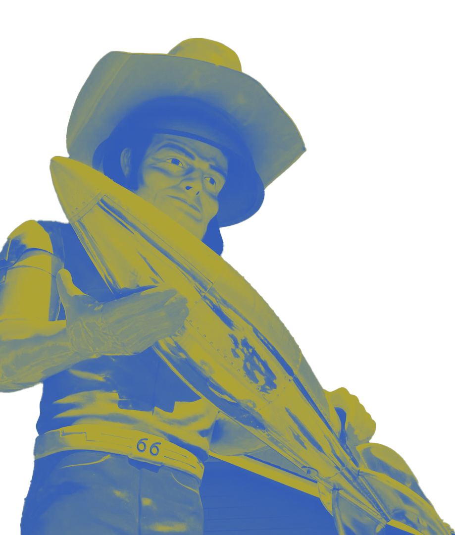 Buck Atom cowboy statue in duotone art style